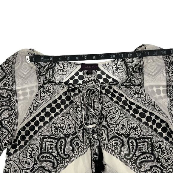 Hale Bob Sz Small Paisley Black & White Print Tassel Tie Front Chiffon Blouse Ov - Picture 9 of 12